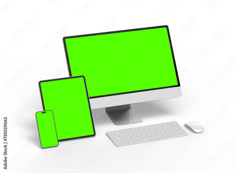 3D Render of smartphone tablet desktop with green screens on a transparent background 3D Render of smartphone tablet desktop with green screens on a transparent background