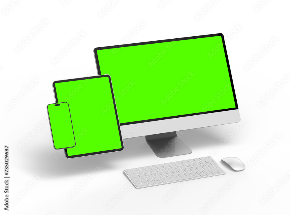 3D Render of smartphone tablet desktop with green screens on a transparent background 3D Render of smartphone tablet desktop with green screens on a transparent background