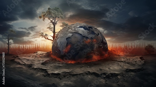 The planet Earth disappears against the background of a gloomy dark nature. The concept of global warming, climate change and a dying Earth.