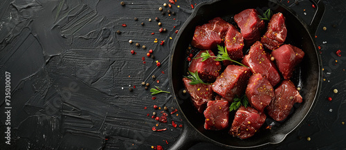 Top view of cast iron frying pan with raw meat seasoned with pepper photo