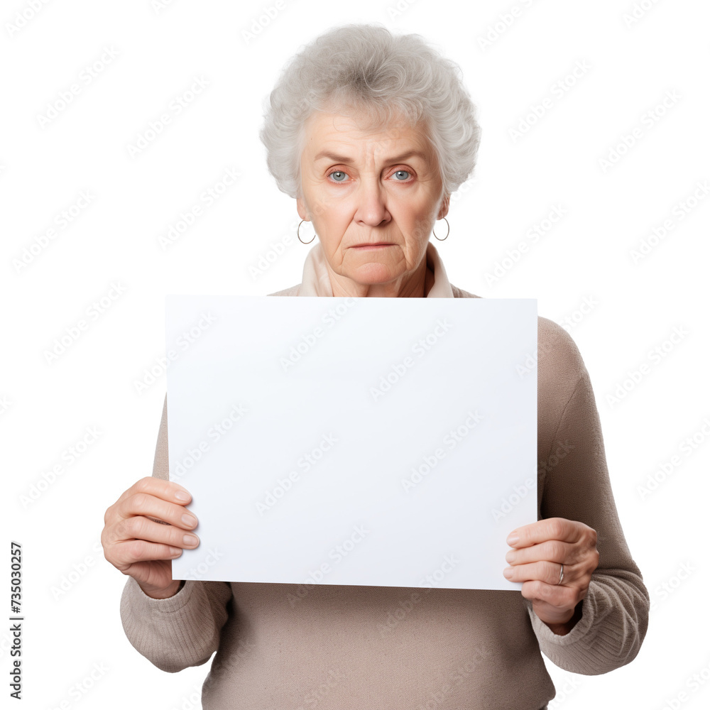 An elderly person sad face while holding a piece of blank paper reserved for a message. no background. .PNG An elderly person sad face while holding a piece of blank paper reserved for a message. no background. .PNG