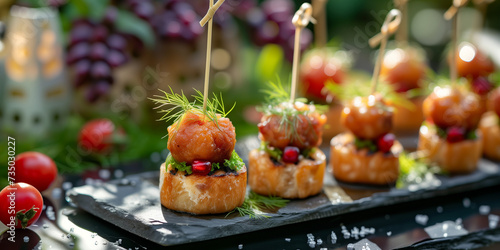 Meatball appetizers on a party table with baguette slice sandwich stick