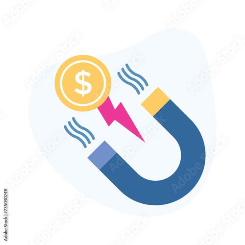 Magnet with dollar coin showing money attraction icon in trendy flat style