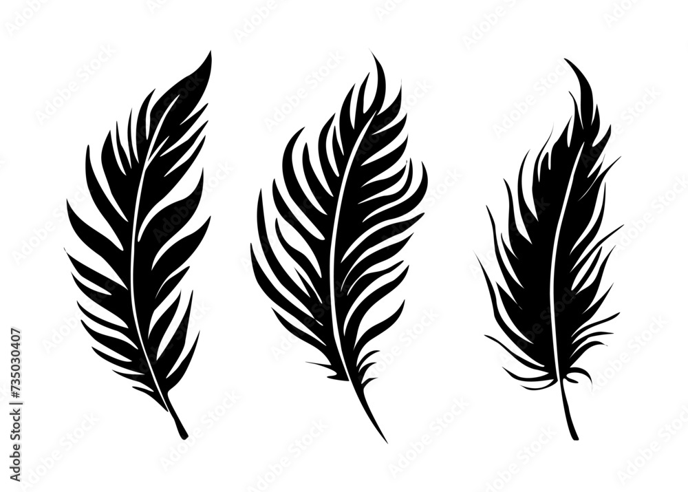 Bird Feathers vector illustrations set in a flat style. Black Icons, logo, symbol isolated on white background. Quill pen for ink drawing, calligraphy art. Bird feathers for writing. Retro tools.