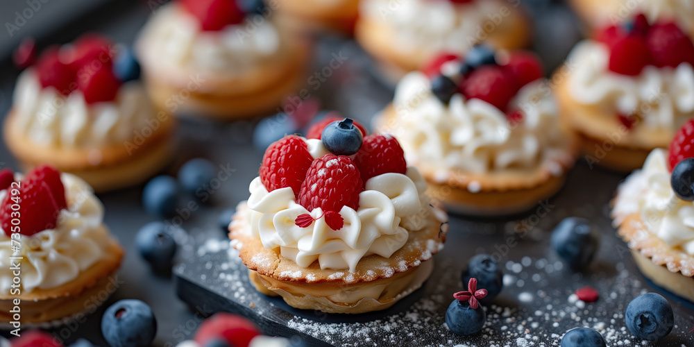Strawberry and blueberry cupcake appetizer plate with white vanilla cream for july 4th usa flag color bites Strawberry and blueberry cupcake appetizer plate with white vanilla cream for july 4th usa flag color bites
