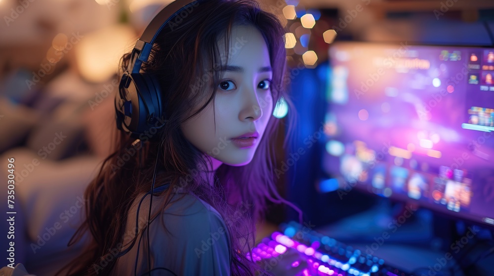 Young Asian woman playing online games on computer in bedroom Enjoy challenging live streaming games on social media platforms.