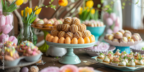 Fantastic rich and colorful easter or spring birthday party table with pastries candy egg appetizer bites cupcake flowrst tulip © Erzsbet
