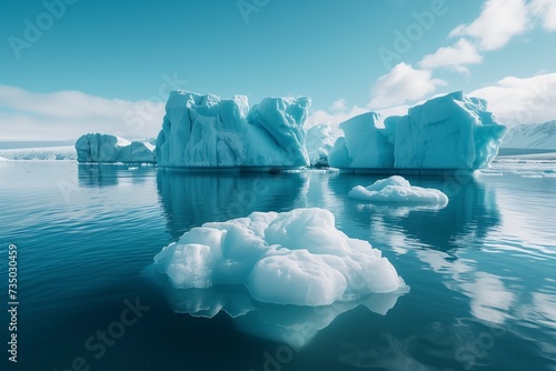 A majestic glacier stands tall amidst the icy waters, as the clouds above reflect the beauty of nature's delicate balance between ice and sea in the arctic ocean