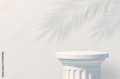White 3d podium like a classic column for product presentation. Podium stage on a background with a palm tree branches shadow. Minimal scene mockup products display, Vector illustration.