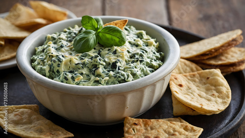 Creamy spinach and artichoke dip served with crispy tortilla chips.