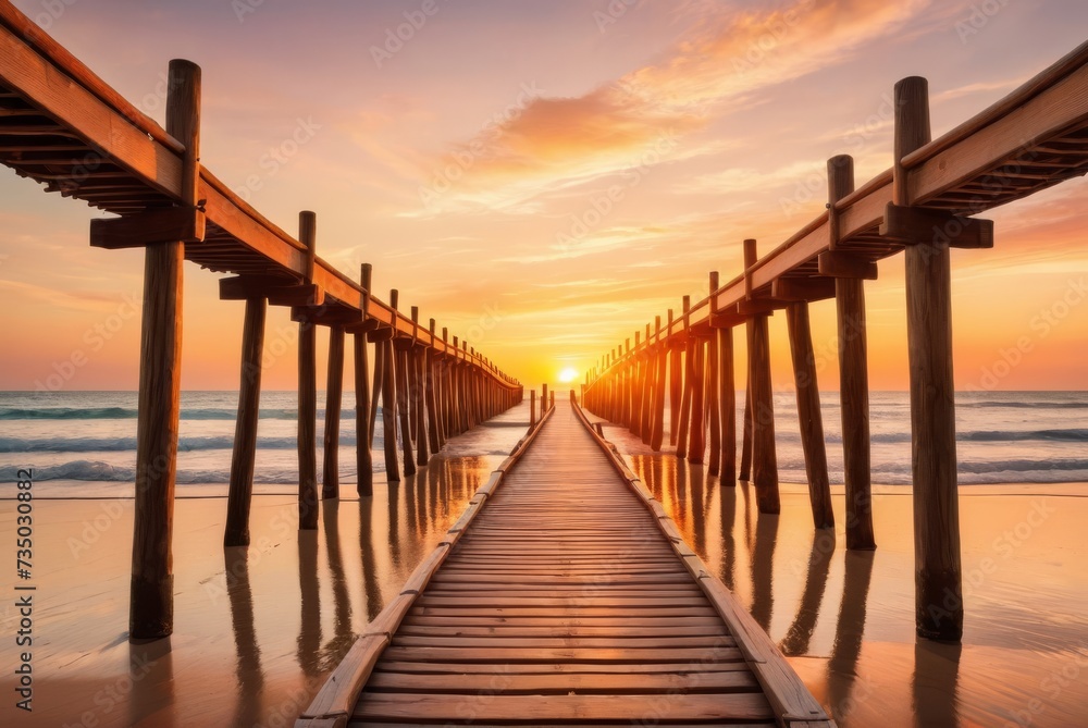 Fototapeta premium Close-up captures weathered wooden bridge planks at sunset by ai generated