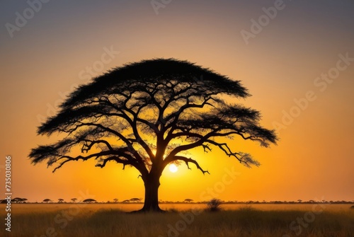 a lone tree against the vibrant hues of an African savanna sunset by ai generated