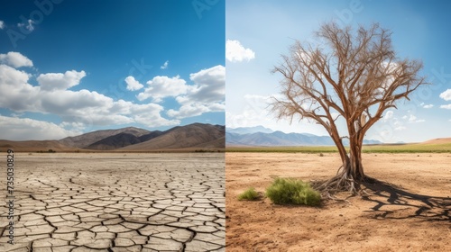 A collage of two photos with a difference of several years. Climate change from drought, global warming.