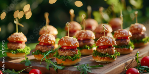 Mini Hamburger appetizers on a party table with vegetables berries sandwich stick bokeh outdoor table
