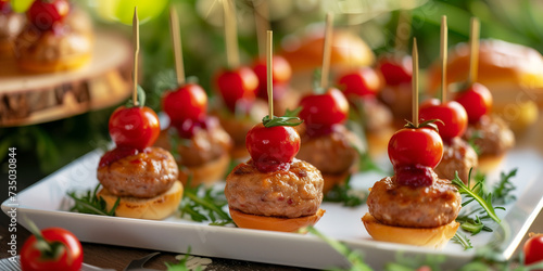 Meatball apetizers on a party table with baguette slice sandwich stick