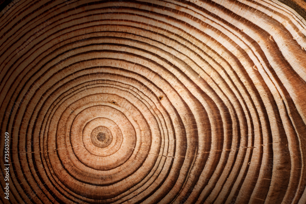 Stump of larch tree felled - section of the trunk with annual rings. Slice larch wood. Wood texture on a tree cut. Stump of larch tree felled - section of the trunk with annual rings. Slice larch wood. Wood texture on a tree cut.