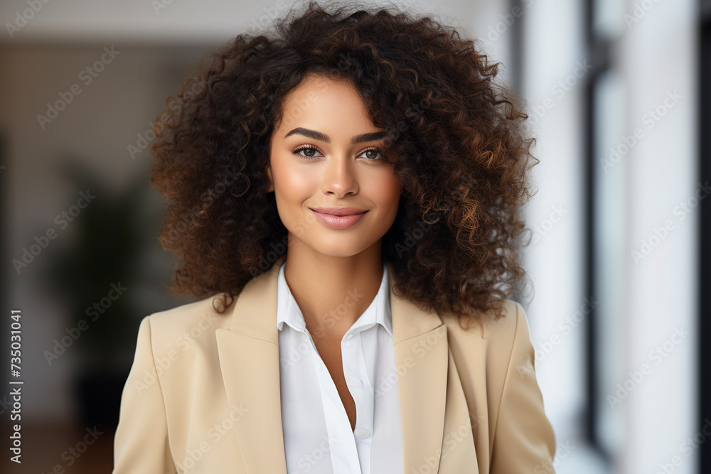 Portrait of happy young businesswoman looking at camera. Happy smiling young businesswoman standing in office. Smiling successful woman. Successful entrepreneurship.
