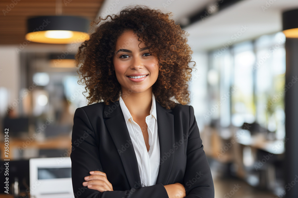 Happy young African American business woman. Shot of business young afro woman in the modern office. Smiling successful African American Woman. Successful Entrepreneurship.