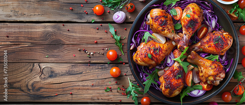 Fried chicken legs with cabbage and tomatoes on a rustic wooden table