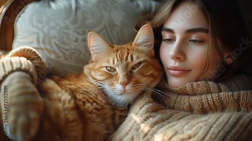 Young woman wearing a warm sweater Relaxing with a cat on a chair at home