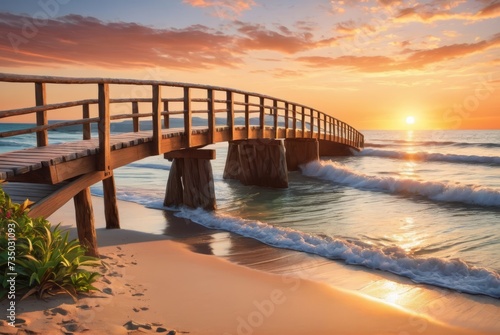 Close-up captures weathered wooden bridge planks at sunset by ai generated