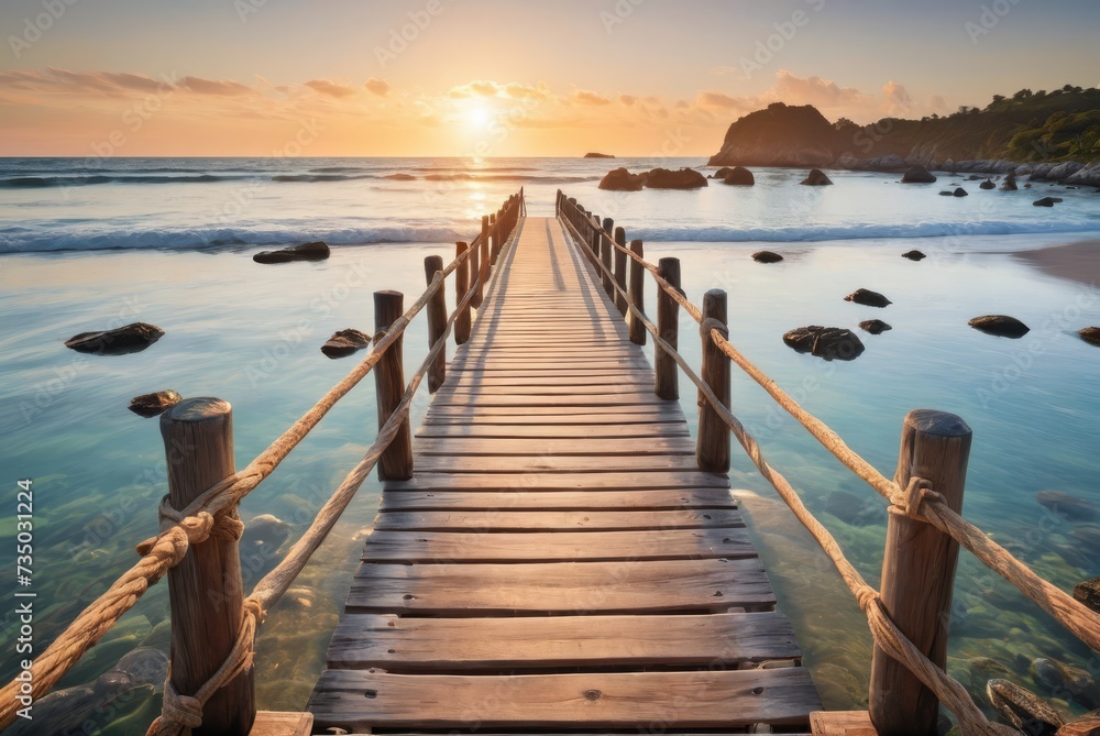 Close-up captures weathered wooden bridge planks at sunset by ai generated