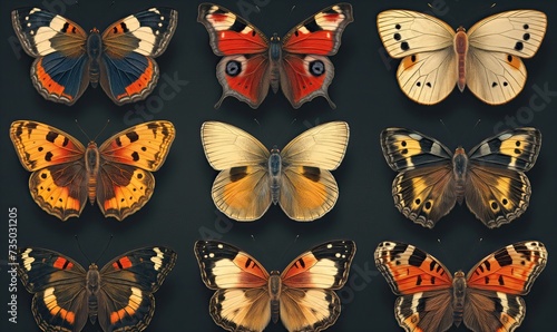 Set of colorful butterflies on a dark background.