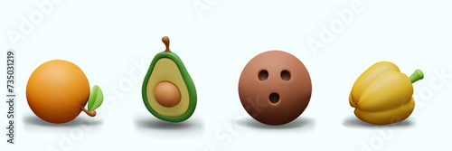 3D orange, avocado, coconut, yellow bell pepper in plasticine style