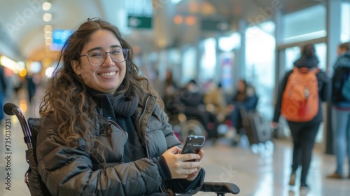 Woman with a disability smiling at airport ready for travel.