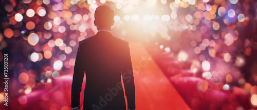 Vista traseira do empresário no tapete vermelho contra o design de luz bokeh photo
