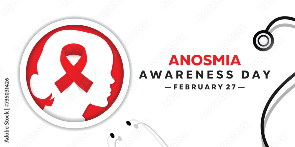 Anosmia Awareness Day. Human, stestoscope and ribbon. cards, banners, posters, social media and more. White background.