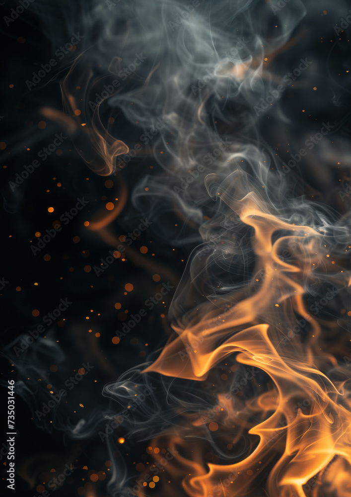 Illustration, realistic flames, and smoke on a pure black background. Unusual illustration. Illustration, realistic flames, and smoke on a pure black background. Unusual illustration.
