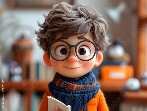 Happy 3D school boy on gray background. Generative AI