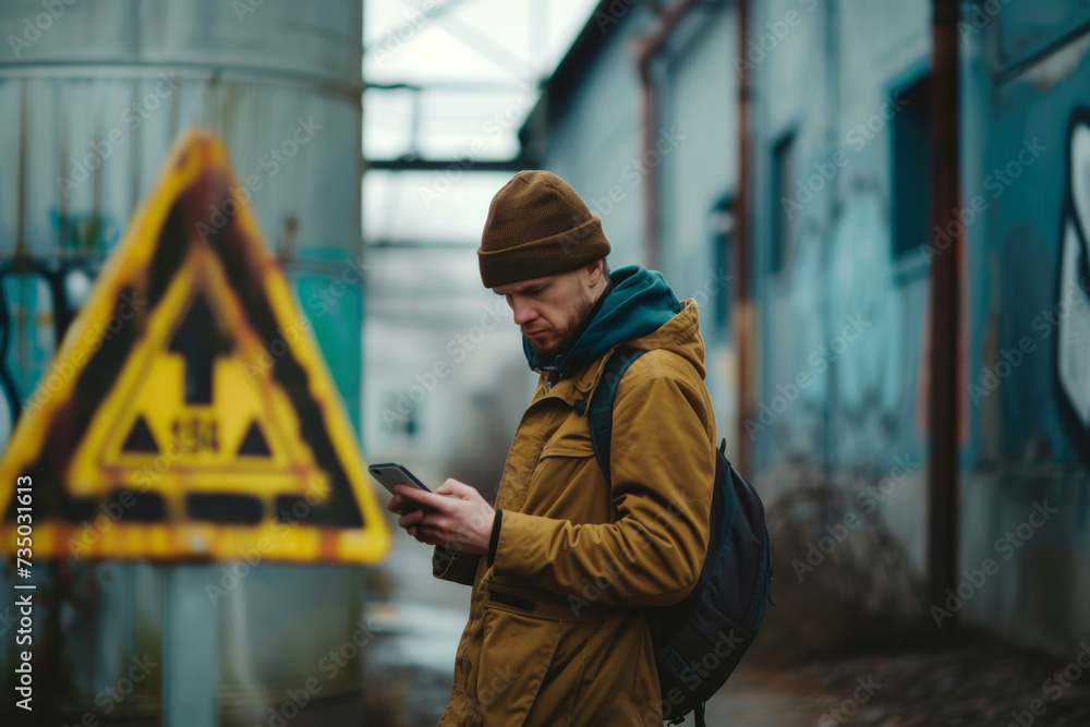 Man Using Smartphone by Industrial Warning Sign. A focused man in a beanie and yellow jacket uses his smartphone near an industrial area with a warning sign in the background.
