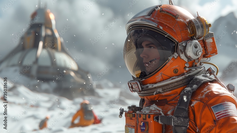Man in orange space suit standing in snow wearing personal protective equipment Man in orange space suit standing in snow wearing personal protective equipment