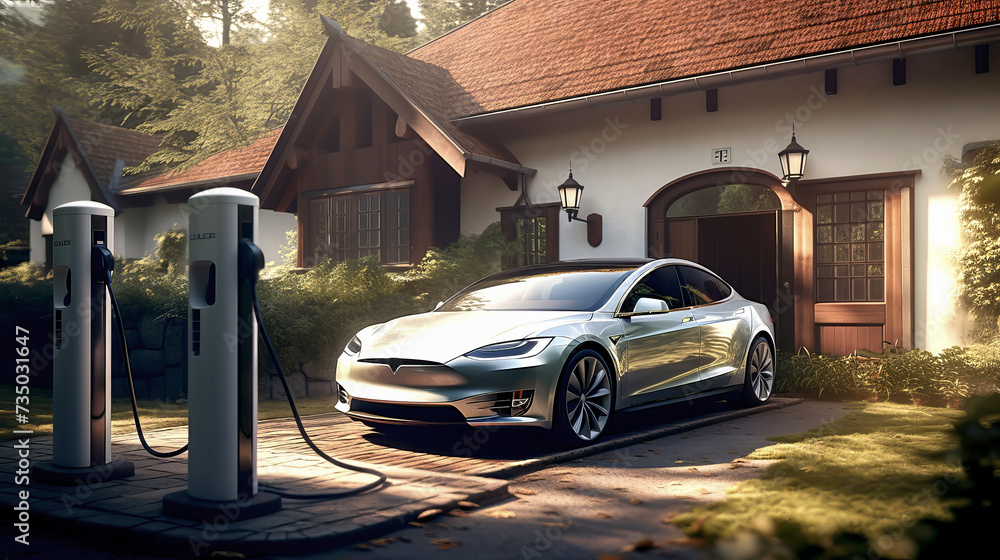 Fototapeta premium EV charging station for electric car. Electric car is being charged. Ai art