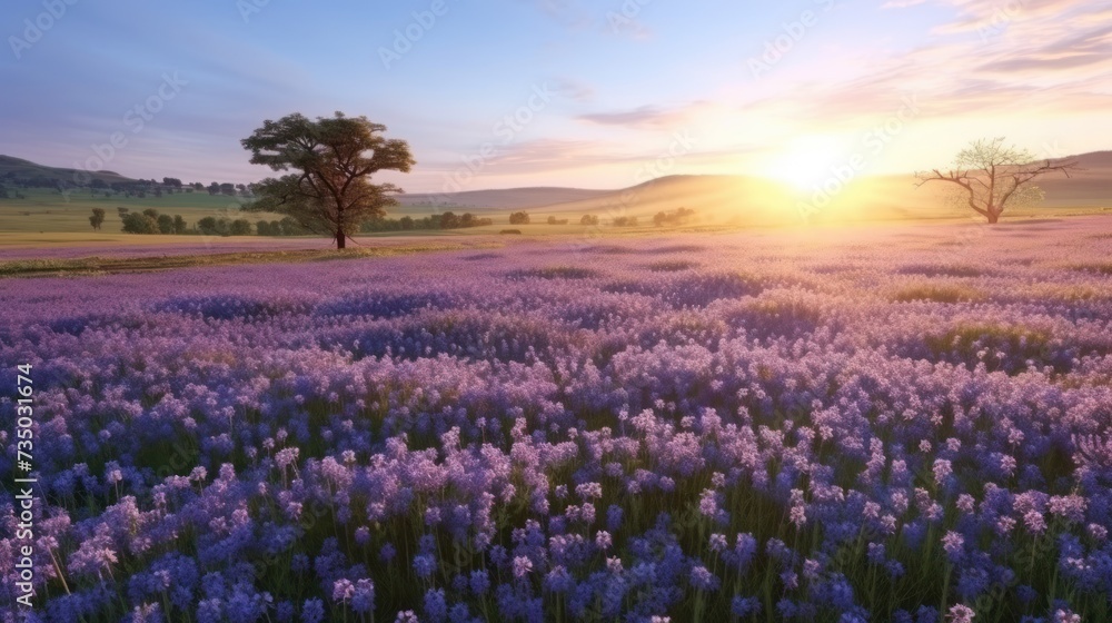 landscape sunrise view on the meadow in spring