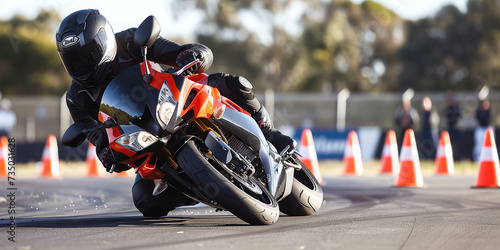 Motorcycle training with cones on the racetrack