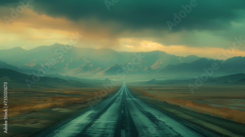 Open Highway Through a Dramatic Landscape at Dusk photo