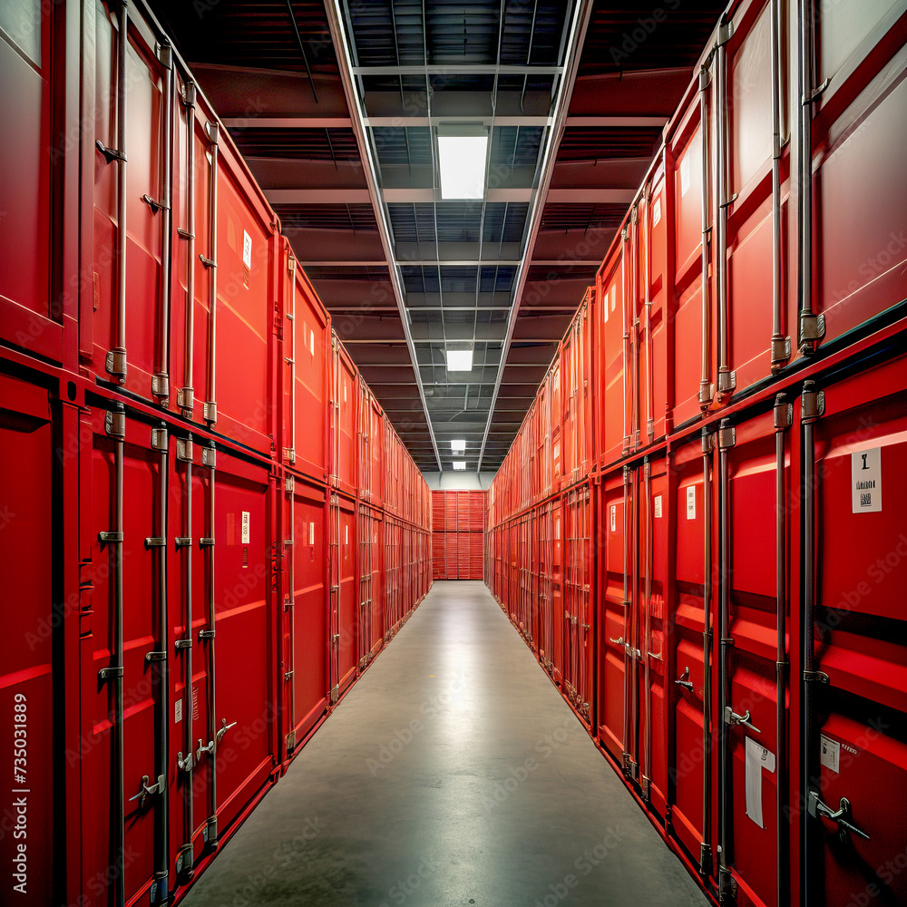 Fototapeta premium Distribution center with box packaging on shelves. Warehouse with packaged goods. Ai art