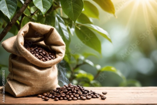 Coffee beans spilling out of a burlap sack against the backdrop by ai generated