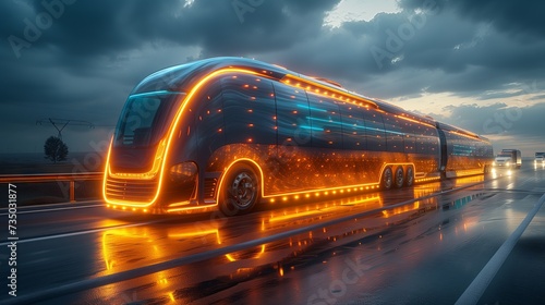 a futuristic bus is driving down a highway at night