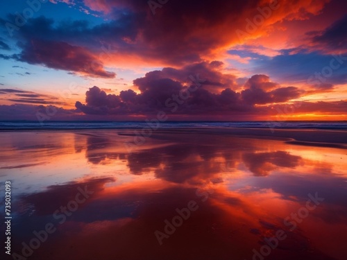sunset view. vibrant sunset at the beach with reflection on water. coastline or beach landscape.