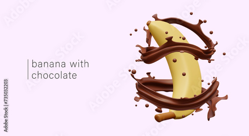 Realistic banana in splashes of melted chocolate. Sweet snack, delicacy