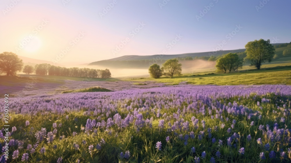 Fototapeta premium landscape sunrise view on the meadow in spring