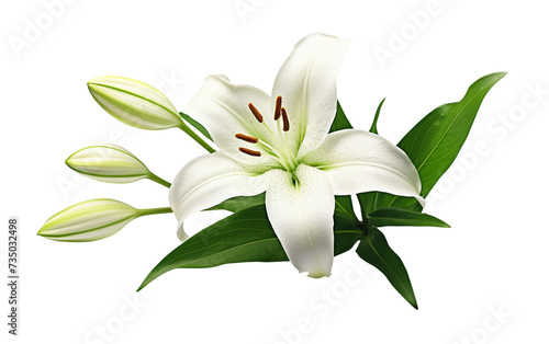 White Flower with Green Leaves Isolated on Transparent Background PNG.
