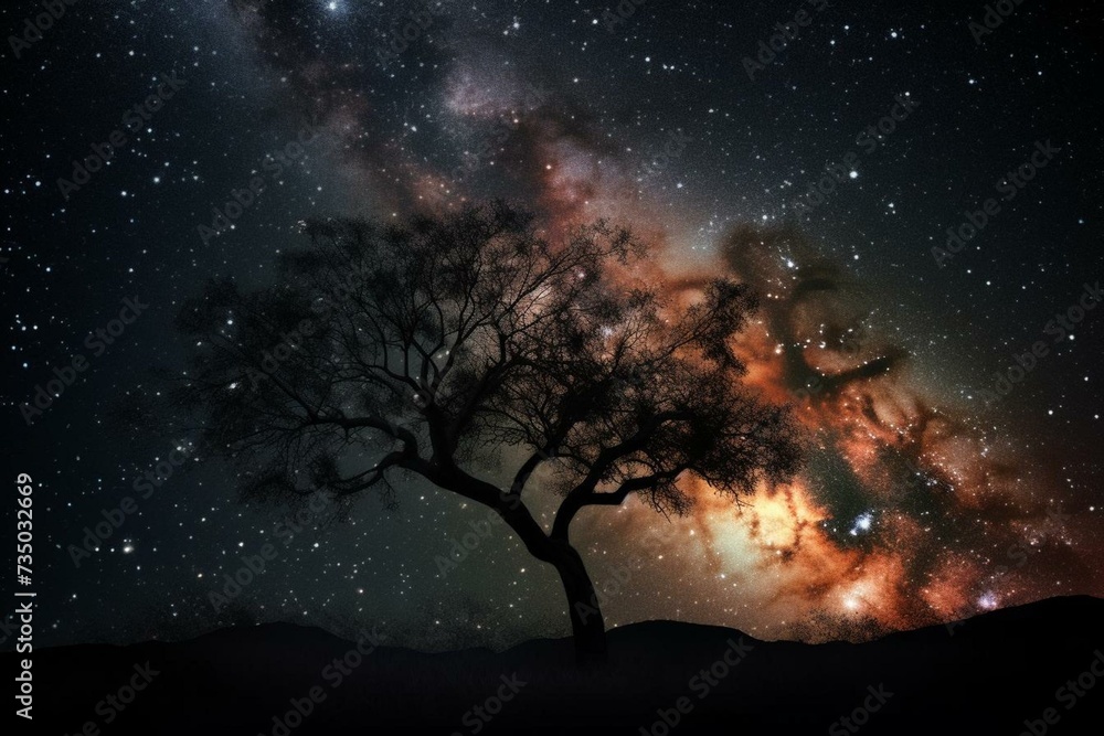 An image showing a darkened tree against a backdrop of stars and a luminous nebula. Generative AI