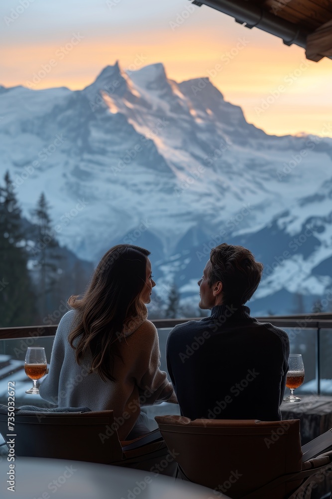 Fototapeta premium Couple enjoying a serene moment with mountain views at twilight, symbolizing a perfect escape.