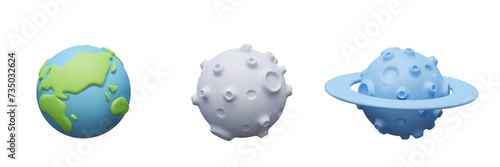 Set of 3D planets in plasticine style. Earth, moon with craters, blue planet with asteroid belt