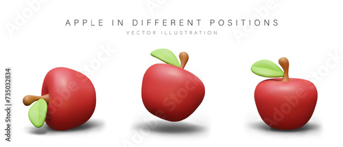 Ripe whole apple in plasticine style. Red 3D fruit in different positions